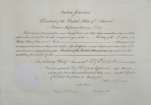 Appraisal: JOHNSON ANDREW Partly-printed Document Signed as President appointing Wickham Hoffman