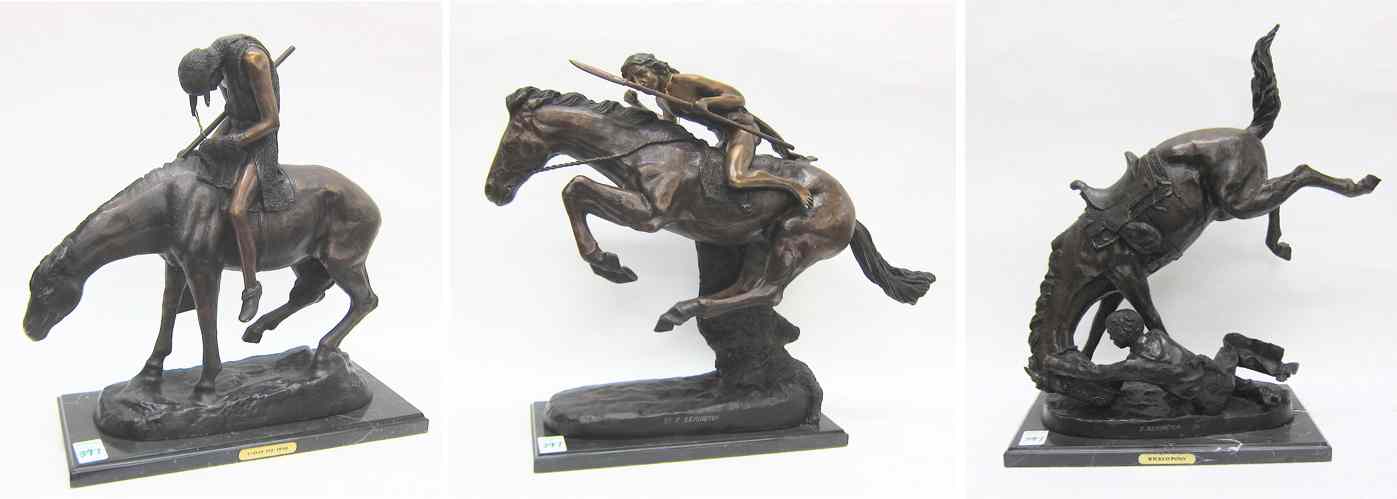 Appraisal: THREE WESTERN BRONZE HORSE RIDER SCULPTURES Frederic Remington's ''Wicked Pony''