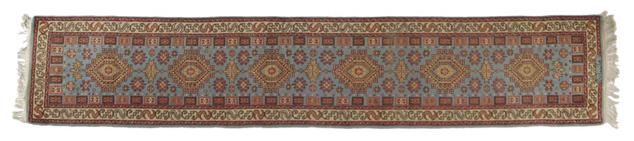 Appraisal: SIGNED ORIENTAL RUNNER Medium blue field runner has multiple borders