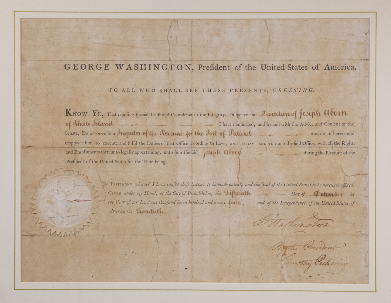 Appraisal: GEORGE WASHINGTON SIGNED DOCUMENT AS PRESIDENT PICKERING COUNTERSIGN AS NEWLY