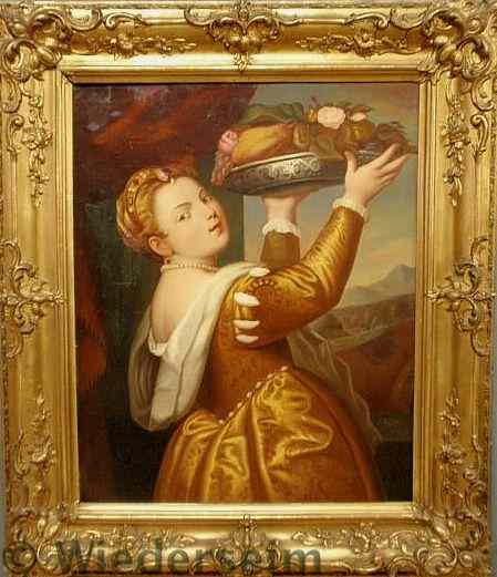 Appraisal: Continental oil on canvas painting of a woman holding a