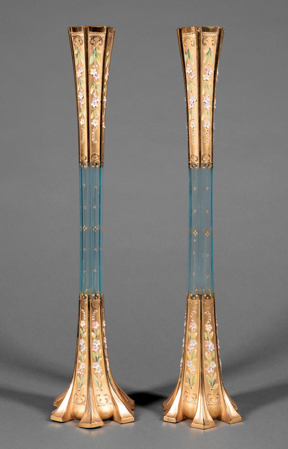 Appraisal: Pair of Bohemian Gilt and Enameled Glass Vases faceted form