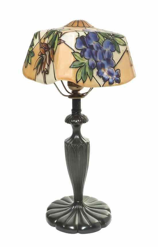 Appraisal: A Pairpoint Reverse Painted Boudoir Lamp the squared shade decorated