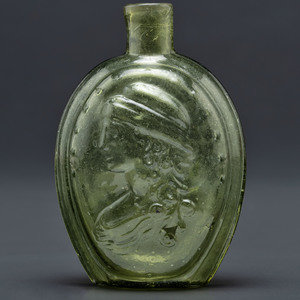 Appraisal: A Molded-Glass Flask in Yellow-Green American Circa - pint-size obverse