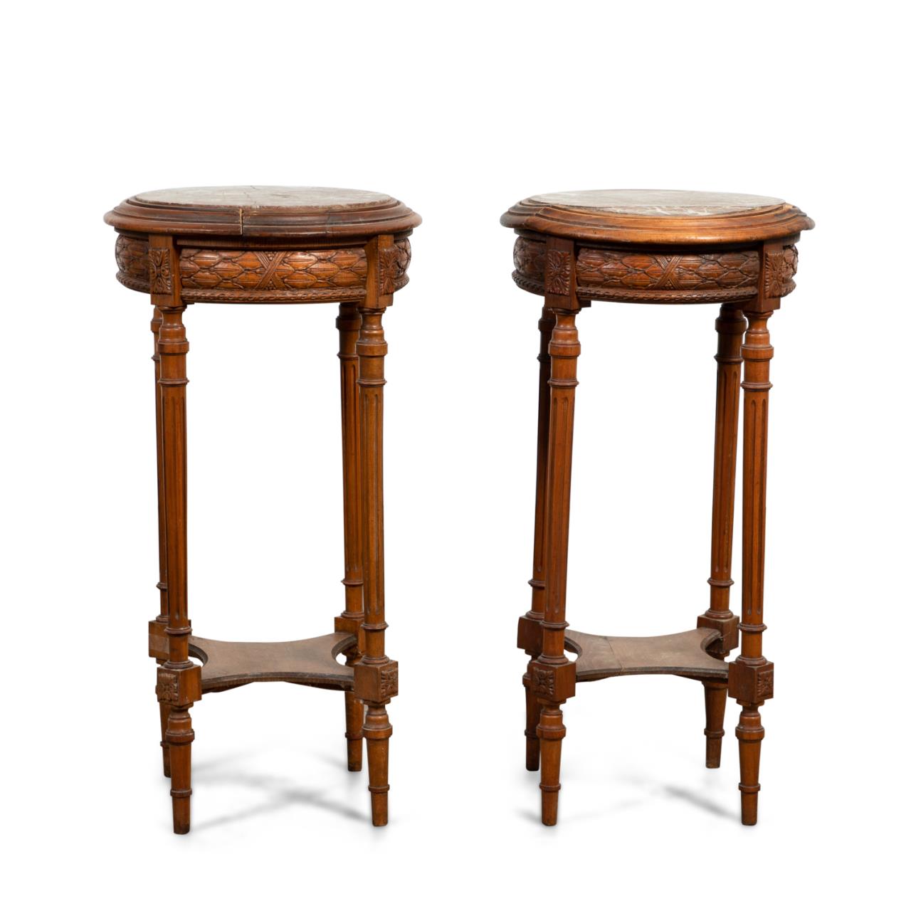 Appraisal: PAIR OF FRENCH MAHOGANY AND MARBLE PEDESTAL STANDS Pair of