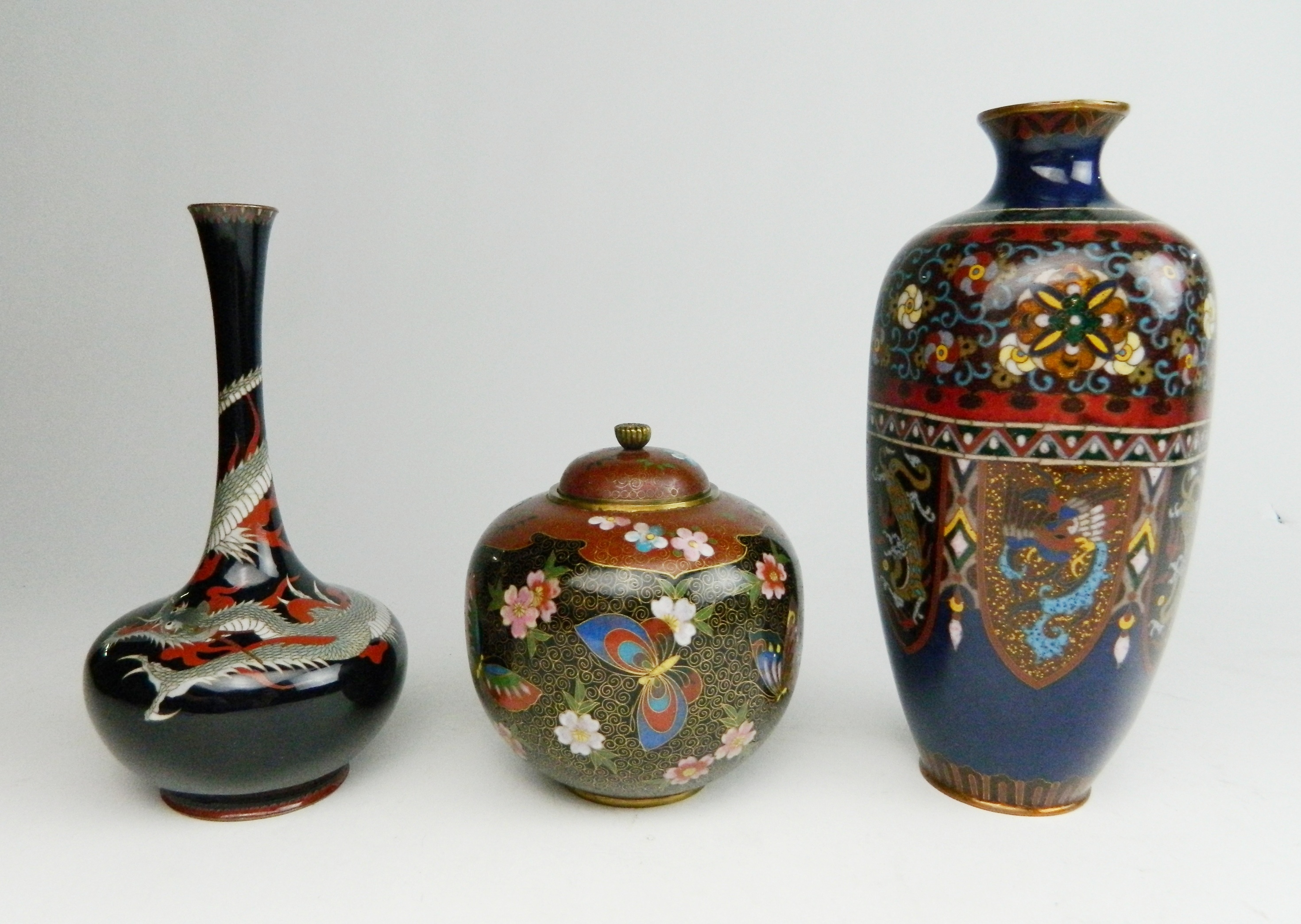 Appraisal: Japanese cloisonne items jar- with cover butterfly and flower motif