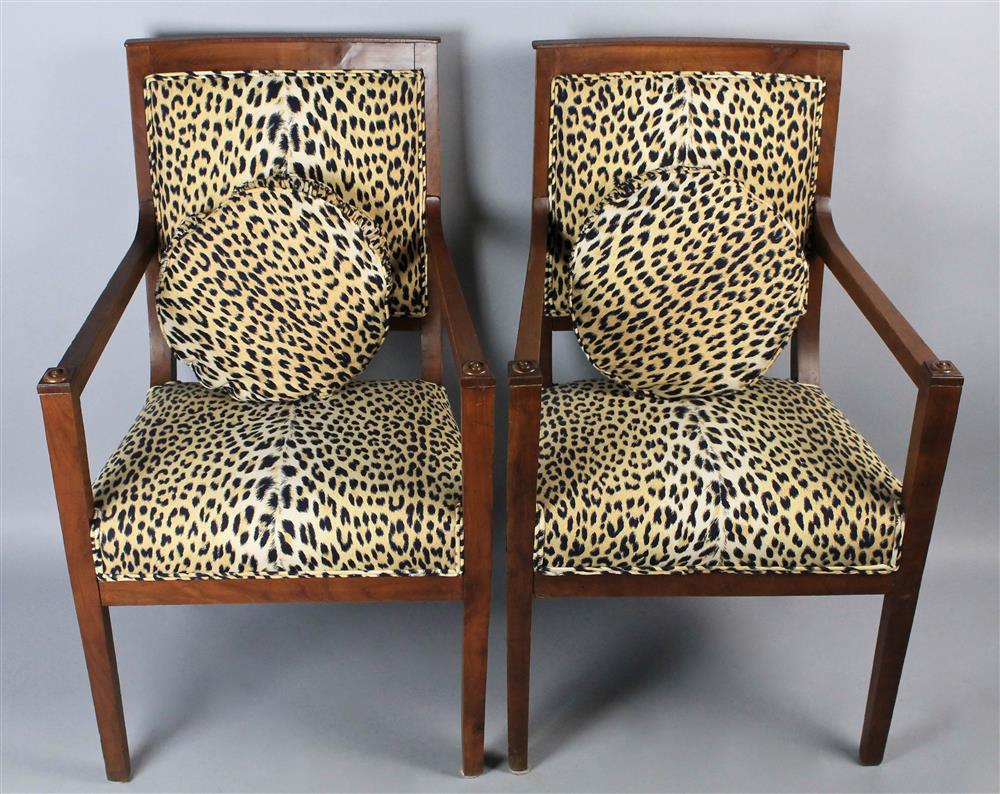 Appraisal: PAIR OF FRENCH EMPIRE STYLE LEOPARD STYLE UPHOLSTERED ARMCHAIRS straight