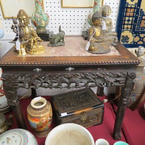 Appraisal: Chinese Carved Side Tablewith red marble inset tall x top