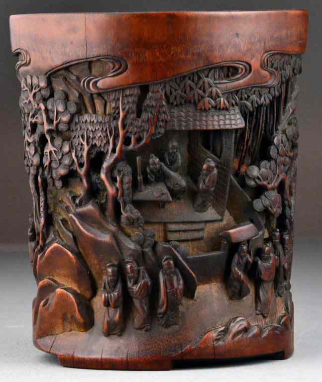 Appraisal: Chinese Qing Carved Bamboo Brush PotFinely carved in three dimensional