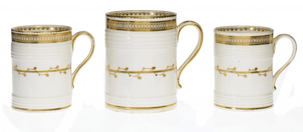 Appraisal: A SET OF THREE DERBY CYLINDRICAL MUGS with grooved bands