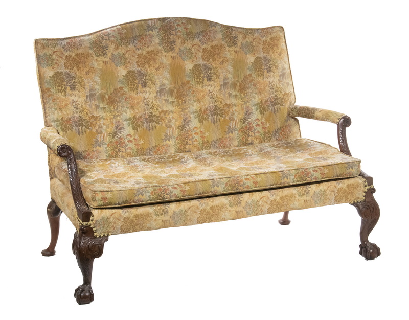 Appraisal: CUSTOM CHIPPENDALE SETTEE Circa Mahogany Framed Floral Brocade Upholstered Settee