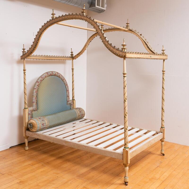 Appraisal: George III Cream and Polychrome Painted Tester Bed with Embroidered