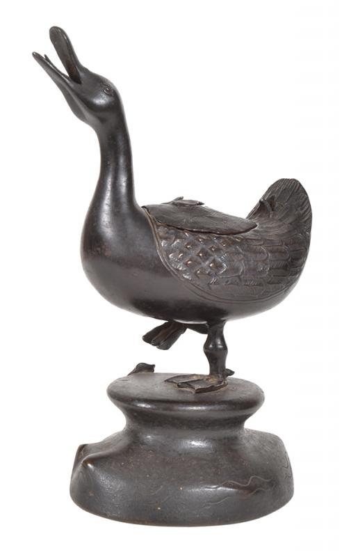 Appraisal: A SMALL CHINESE BRONZE 'DUCK' INCENSE HOLDER AND COVER KANGXI