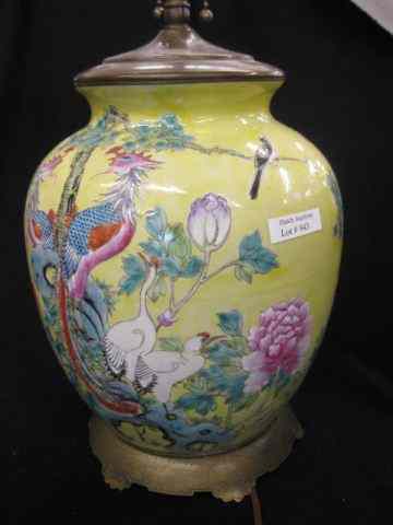 Appraisal: Chinese Porcelain Lamp fine bird floral on yellow field brass