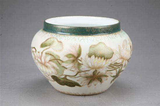 Appraisal: SMALL JARDINIERE Milk glass with handpainted floral decoration and a