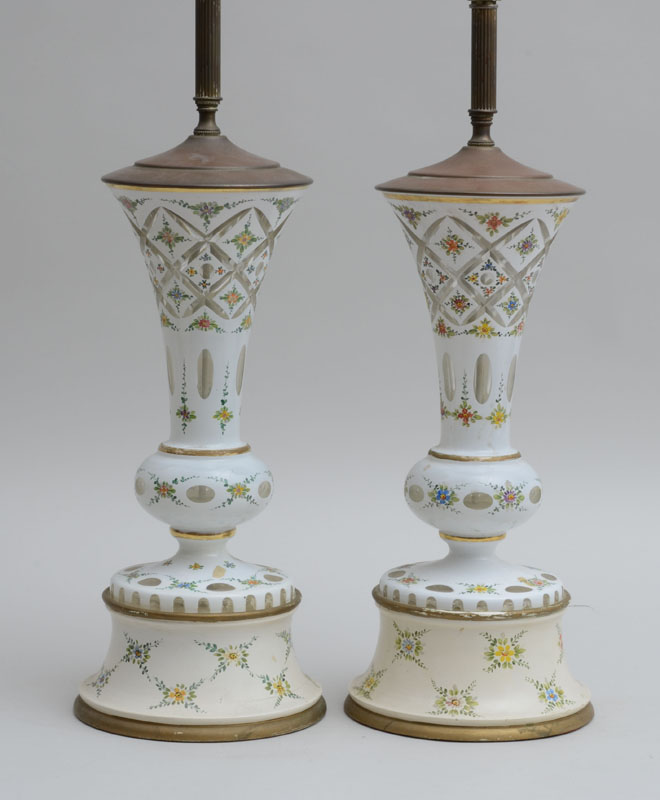 Appraisal: PAIR OF CONTINETAL OVERLAY GLASS BEAKER-FORM VASES MOUNTED AS LAMPS