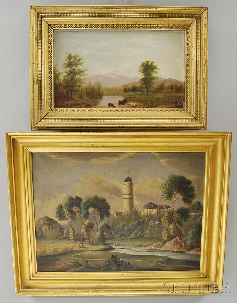 Appraisal: Two Works American School th Century Cattle Watering oil on