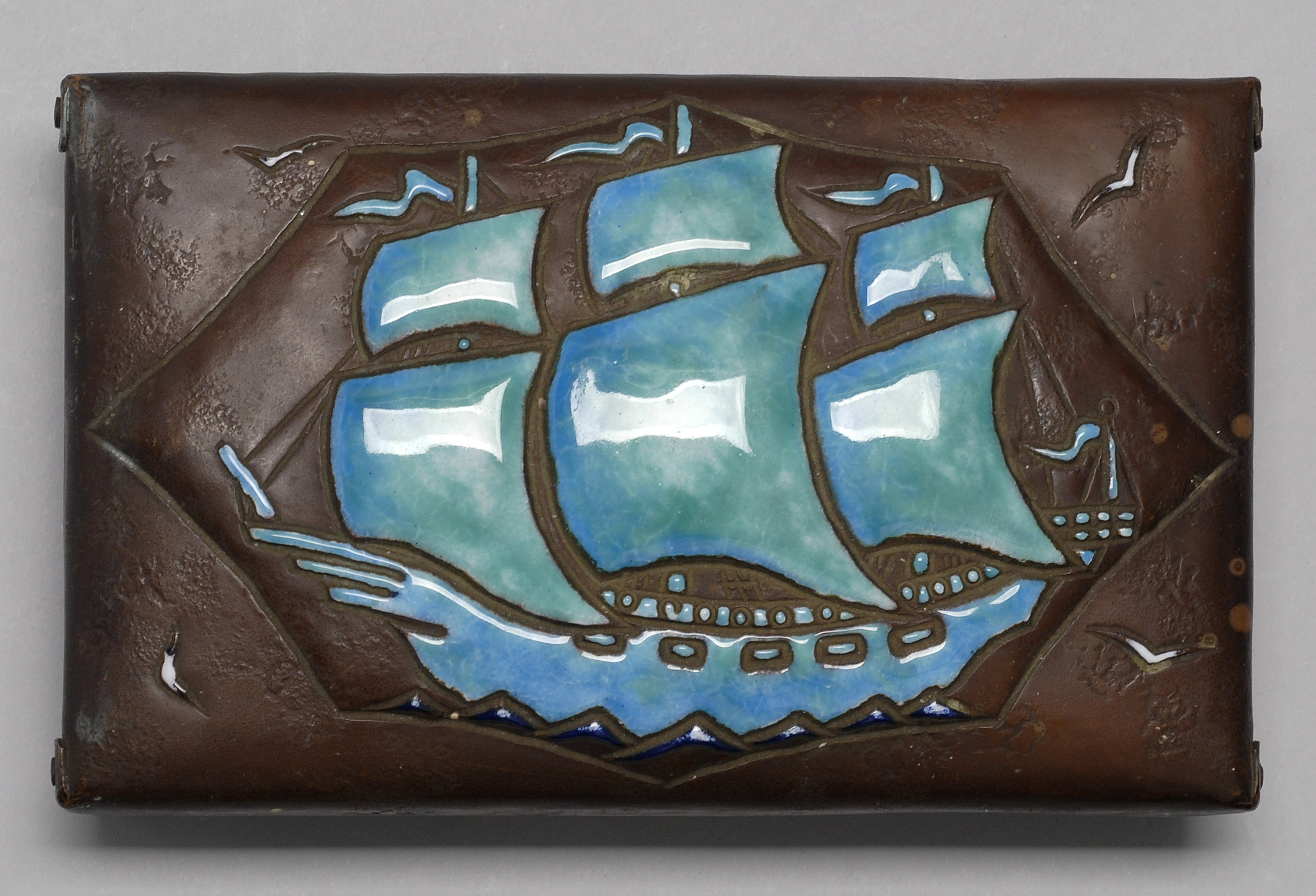 Appraisal: ENAMEL-ON-COPPER RECTANGULAR BOX th CenturyRaised decoration of a turquoise ship