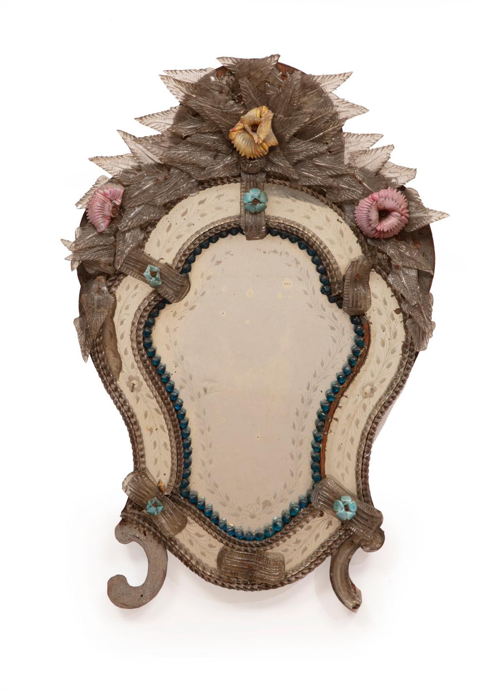 Appraisal: Antique Venetian Glass Cartouche Mirror sculptural foliate and floral crest