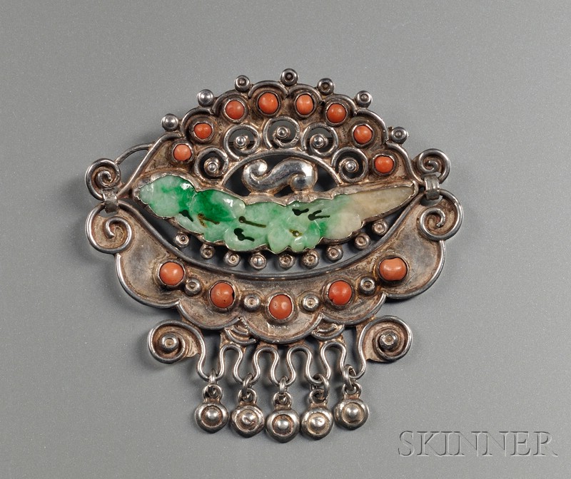 Appraisal: Vintage Mexican Sterling Silver Coral and Jade Brooch Matl Mexico