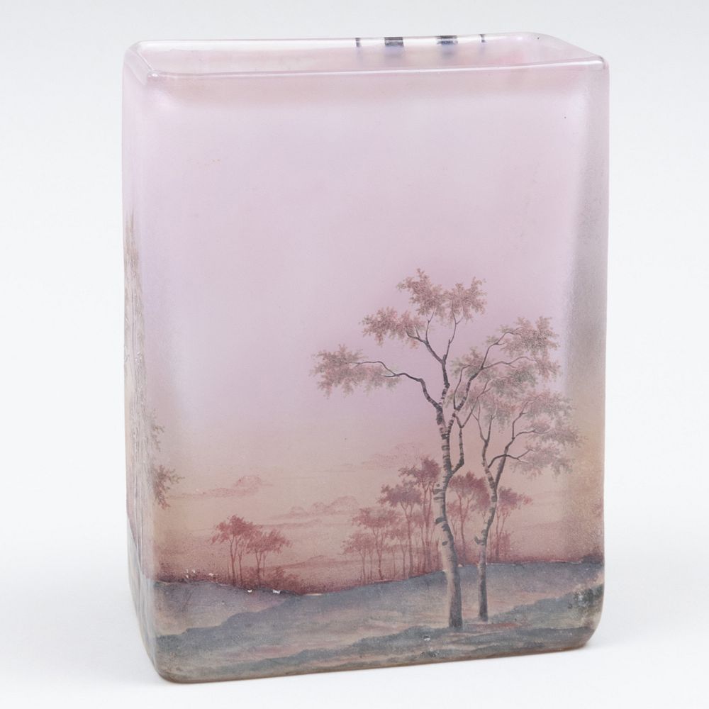 Appraisal: Daum Etched and Enameled Landscape Vase Signed in etch and