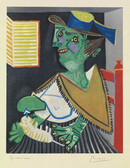 Appraisal: PABLO PICASSO after Femme verte au Chat Color collotype -