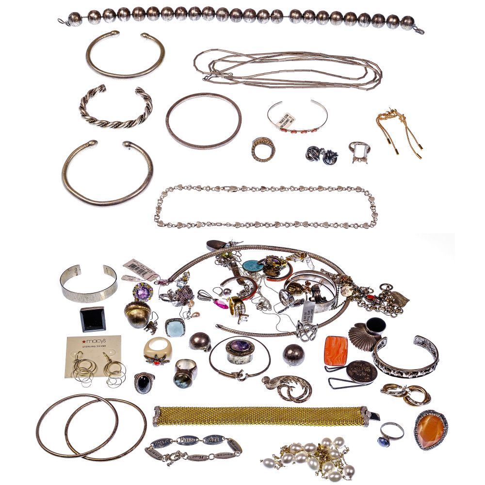 Appraisal: STERLING COIN AND EUROPEAN SILVER JEWELRY ASSORTMENTIncluding necklaces bracelets earrings