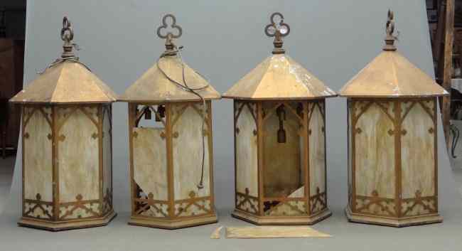 Appraisal: Set of four early hanging metal and slag glass lanterns