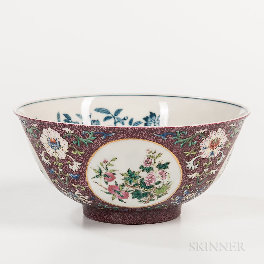 Appraisal: Famille Rose Sgraffito Purple-ground Bowl Famille Rose Sgraffito Purple-ground Bowl