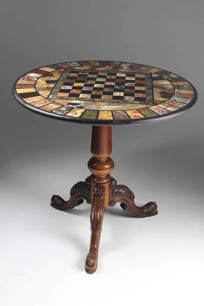 Appraisal: Italian Marble Specimen Tripod Game Table mid th Century Italian