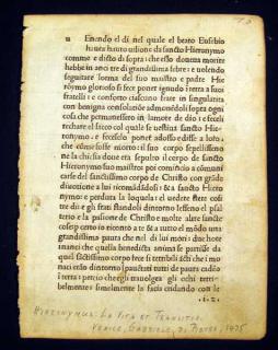 Appraisal: Hieronymous LEAF FROM LA VITA ET LI MIRACOLI DEL BEATISSIMO