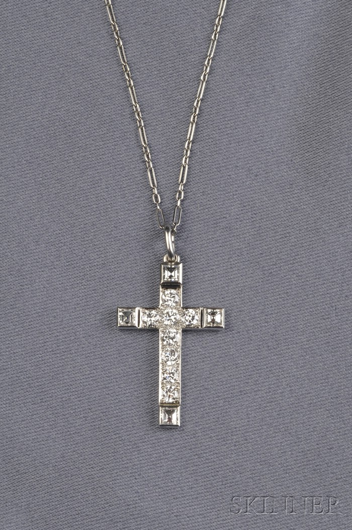 Appraisal: Platinum and Diamond Cross Cartier set with square- and transitional-cut