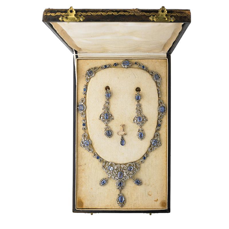 Appraisal: VICTORIAN SAPPHIRE AND DIAMOND PARURE Condition Report Missing several diamonds