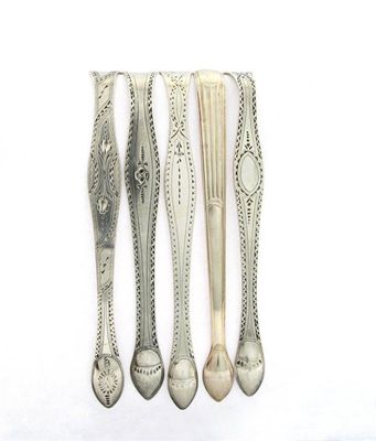 Appraisal: Five pairs of George III silver sugar tongs by Peter