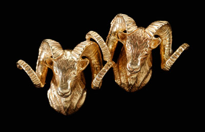 Appraisal: Gold Double Ram's Head Pin kt three-dimensional textured yellow gold