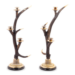 Appraisal: A Pair of Silvered Metal Mounted Antler Three-Light Candelabra th