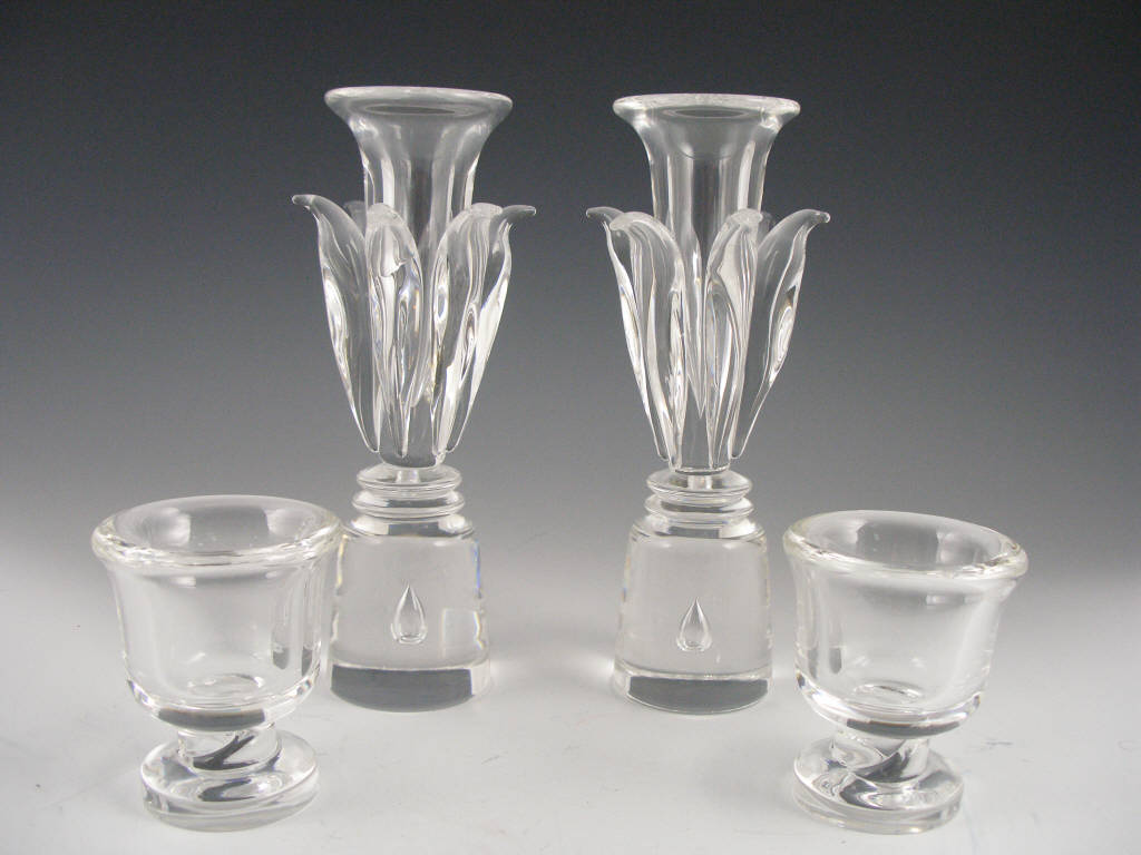 Appraisal: Four Pieces of Steuben Glass a pair of floriform candlesticks