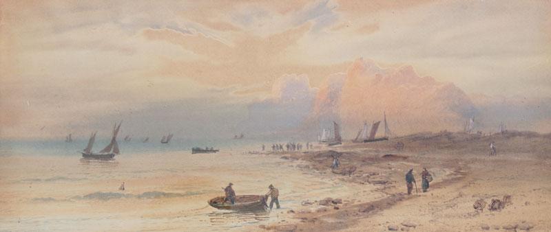 Appraisal: TH C COASTAL SCENE WITH FIGURES AND SHIPS Unsigned Watercolor