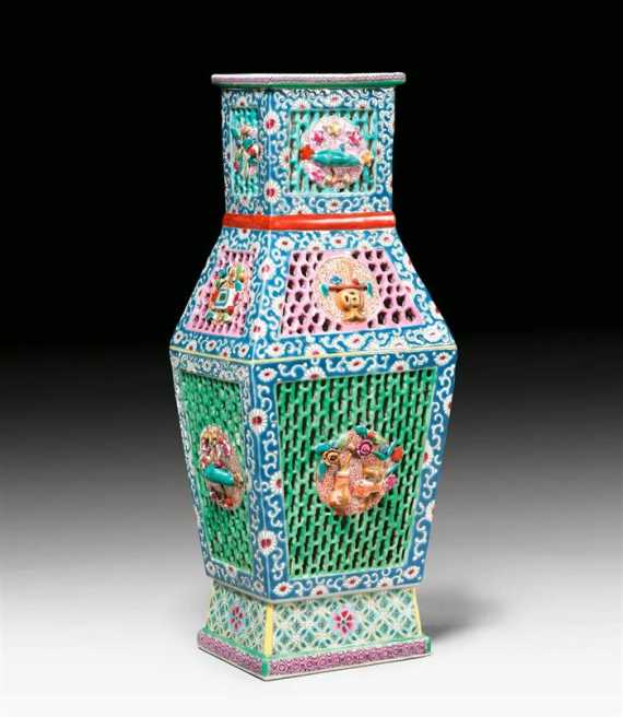 Appraisal: A VERY DECORATIVE OPEN WORK DOUBLE WALLED VASE WITH CHRYSANTHEMUM