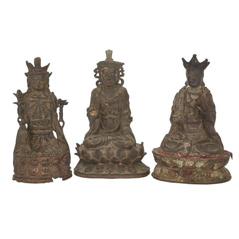 Appraisal: Set of Three Parcel Gilt Lacquered Seated Bronze Buddha Ming