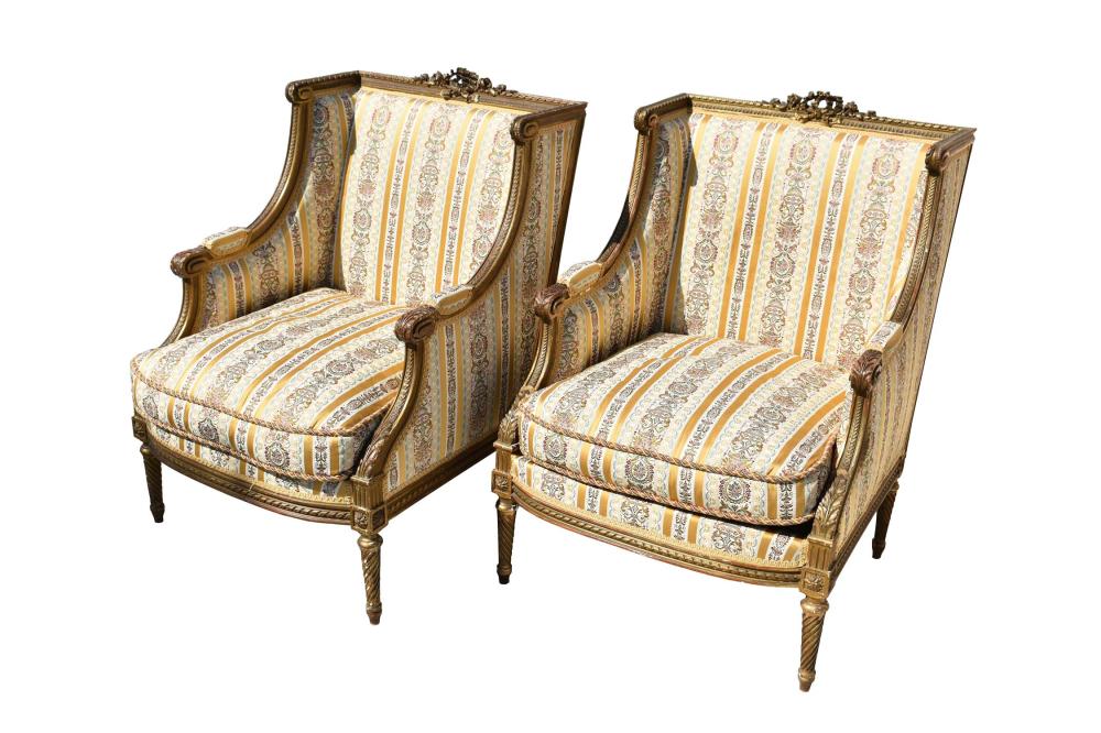 Appraisal: PAIR LOUIS XVI STYLE GILTWOOD BERGERE A LA REINEThe padded