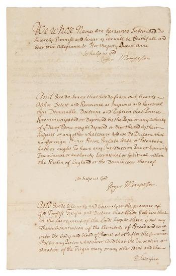 Appraisal: MOMPESSON Roger Manuscript qualification oath signed four times by Mompesson