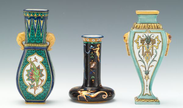 Appraisal: THREE FRENCH FAIENCE HAND PAINTED CABINET VASES SARREGUEMINES AND GIEN