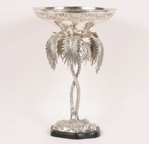 Appraisal: Unusual figural centerpiece silver plated palm trees support engraved bowl