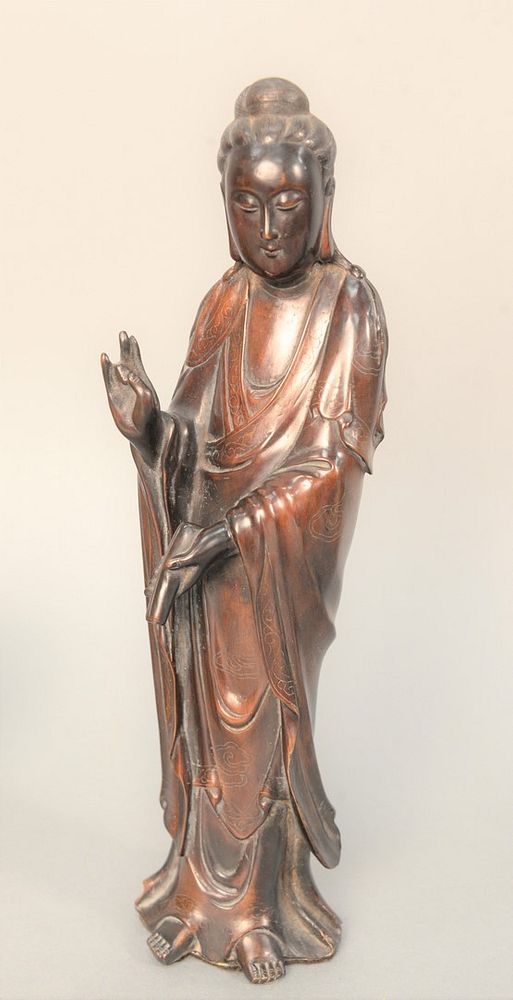 Appraisal: Bronze Guanyin Figure wearing robe in standing position having inlaid