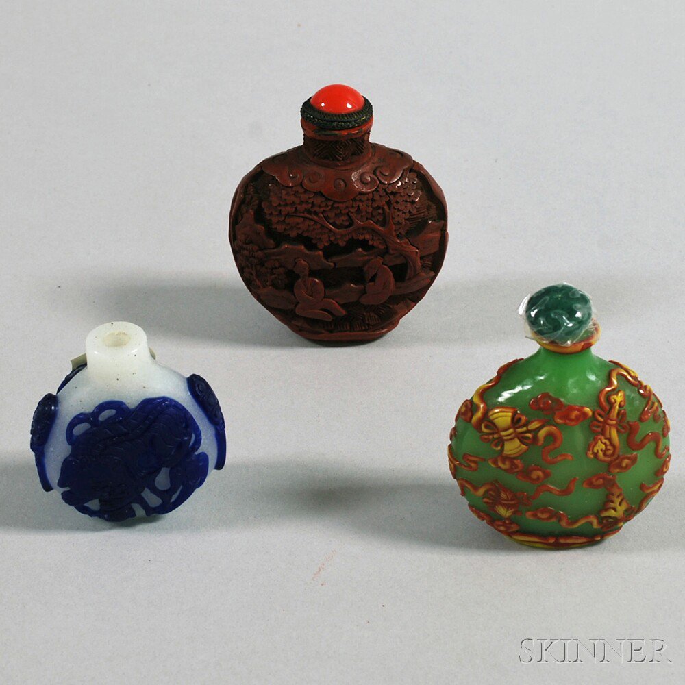 Appraisal: Three Snuff Bottles China two Peking glass one faux cinnabar