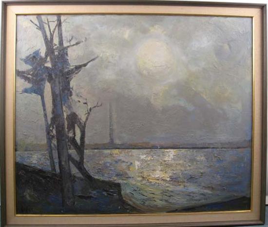 Appraisal: Oil on Canvas Water Scene with monument in background Marked