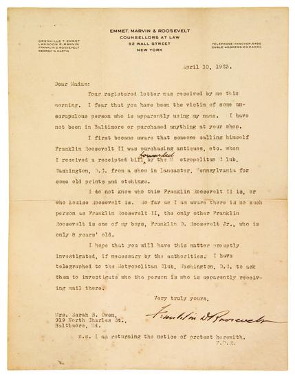 Appraisal: ROOSEVELT Franklin Delano - Typed letter signed Franklin D Roosevelt