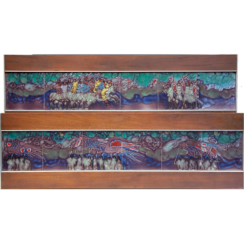 Appraisal: HARRIS STRONG Twelve-tile double-panel frieze depicting a medieval scene of