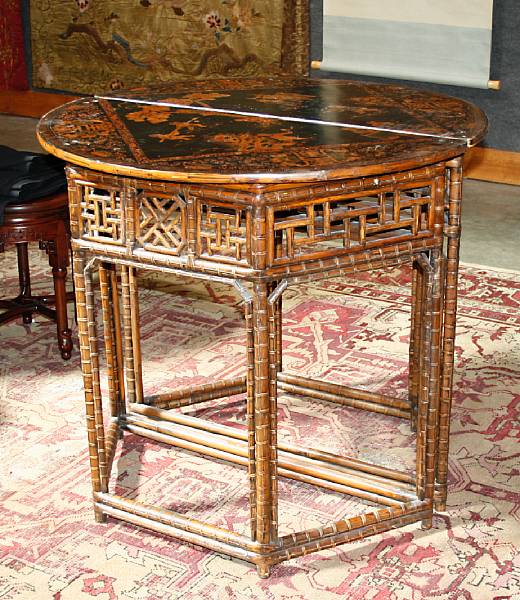 Appraisal: A pair of bamboo and lacquered wood demilune tables Late